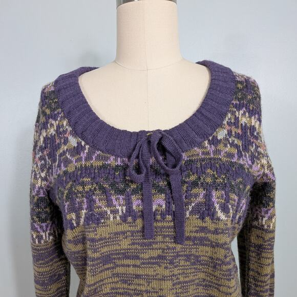 SOL Baby Alpaca Pullover Sweater L Purple Yellow Fair Isle Bow Scoop Soft Bow - Picture 2 of 13